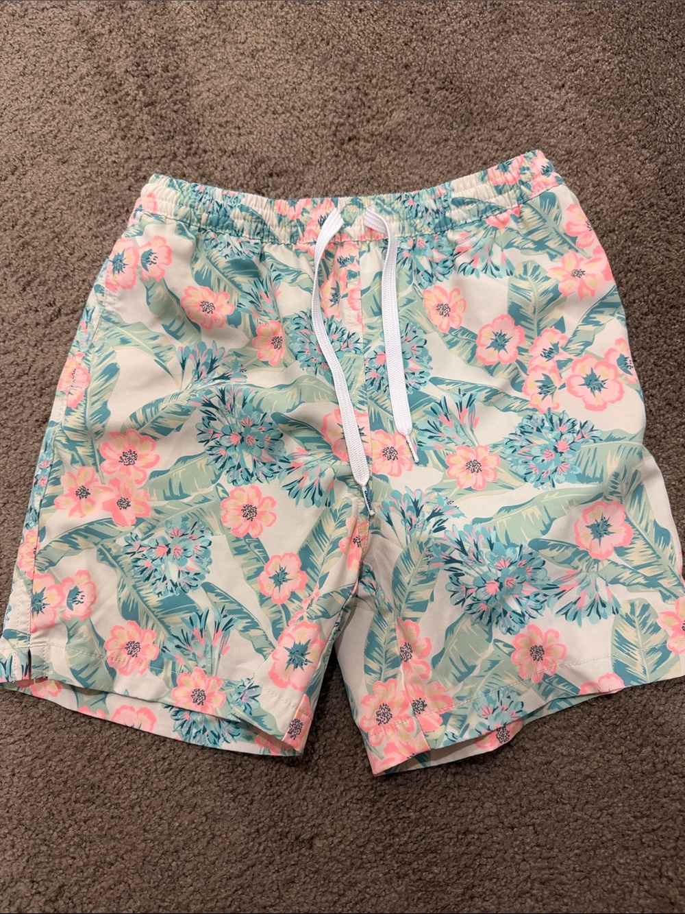 chubbies Kids Floral Swim Trunks in Mint Green & Pink